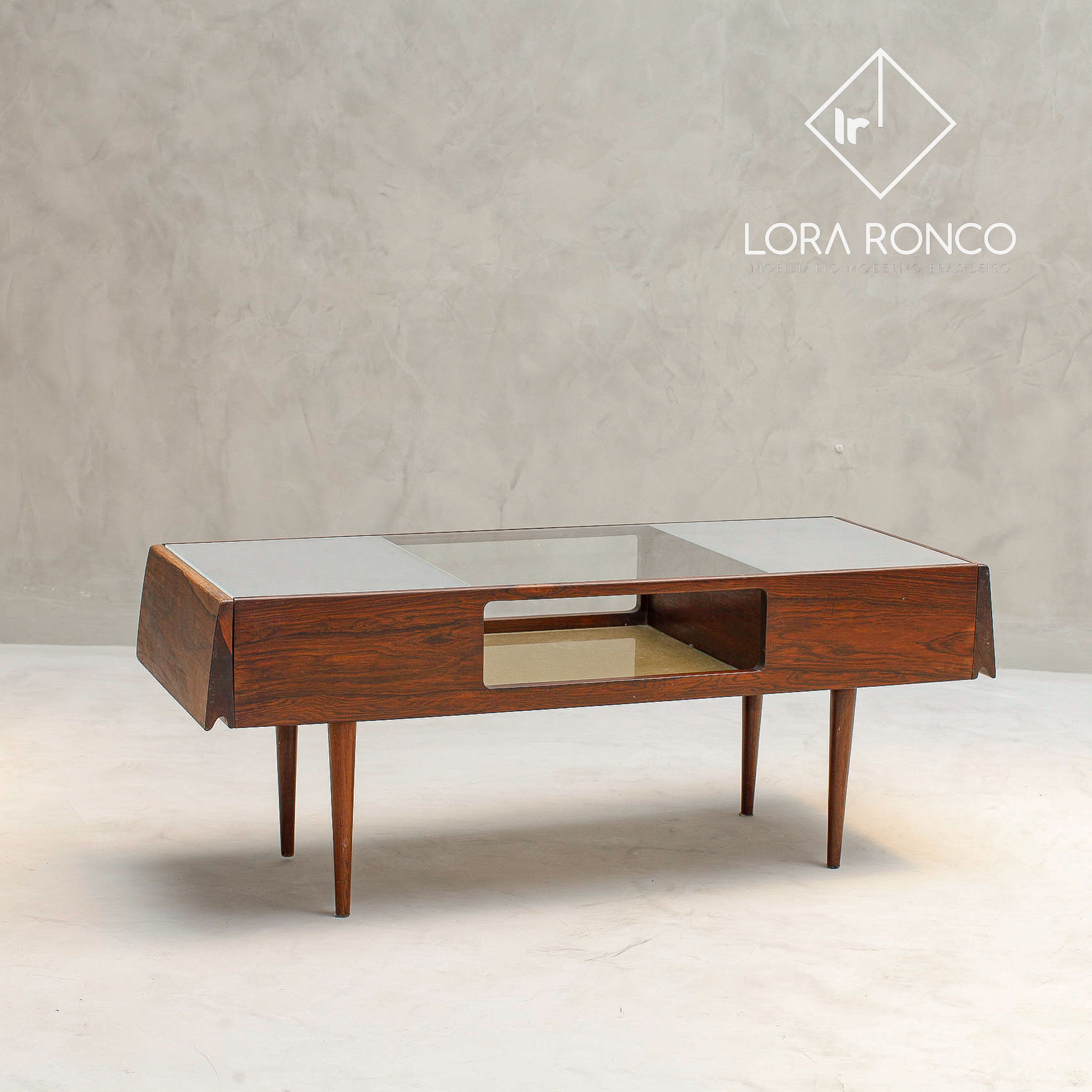 Martin Eisler and Carlo Hauner: coffee table in solid rosewood, glass and mirror.