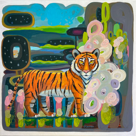Tiger Dreamland painting.
Whimsical, original art by Lisa Shimko. wildlife with a surreal, magical realism twist. Dreamscapes and joyful art.