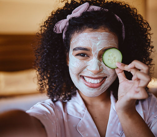 portrait-selfie-cucumber-with-woman-mask-happy-smile-with-facial-skincare-grooming-bedroom