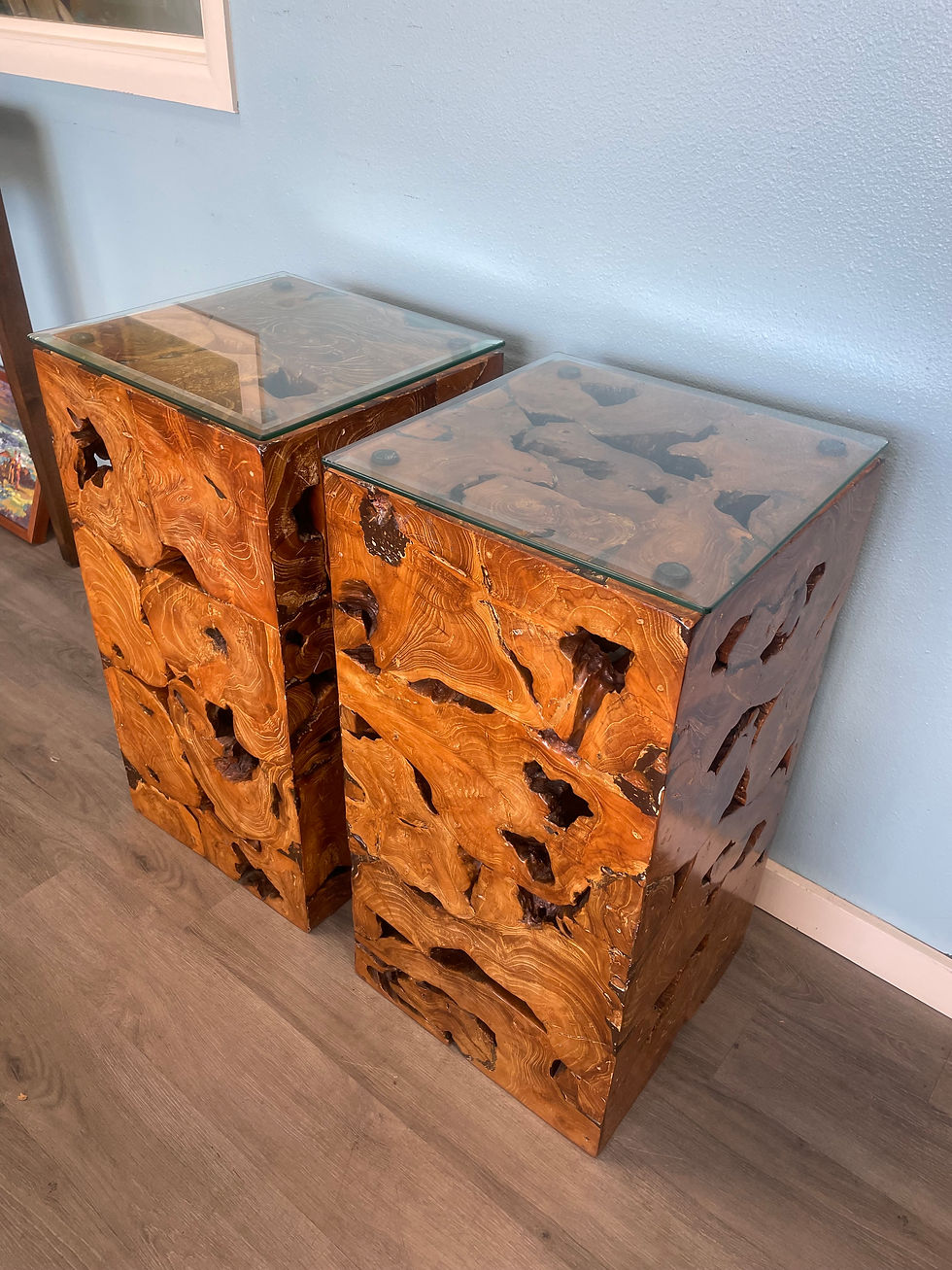 Thumbnail: Hand-assembled Teak Root Block Side Tables/Pedestal Pair