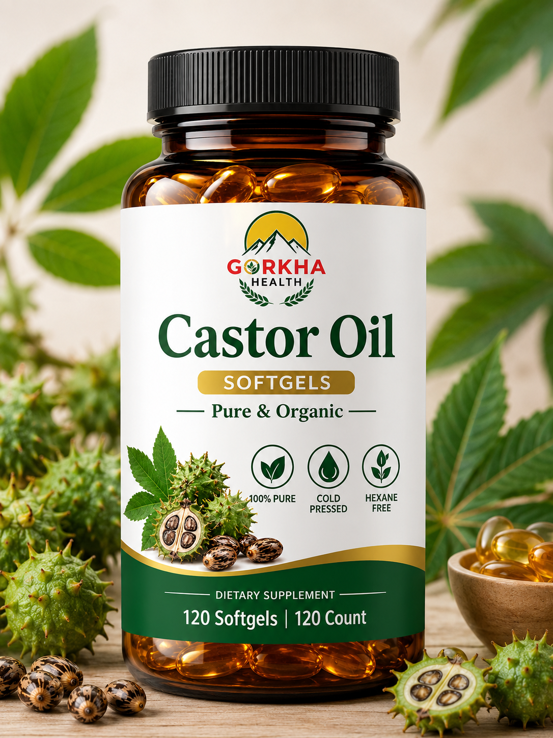 Gorkha Health Castor Oil Softgels – 120 Count | Pure & Organic