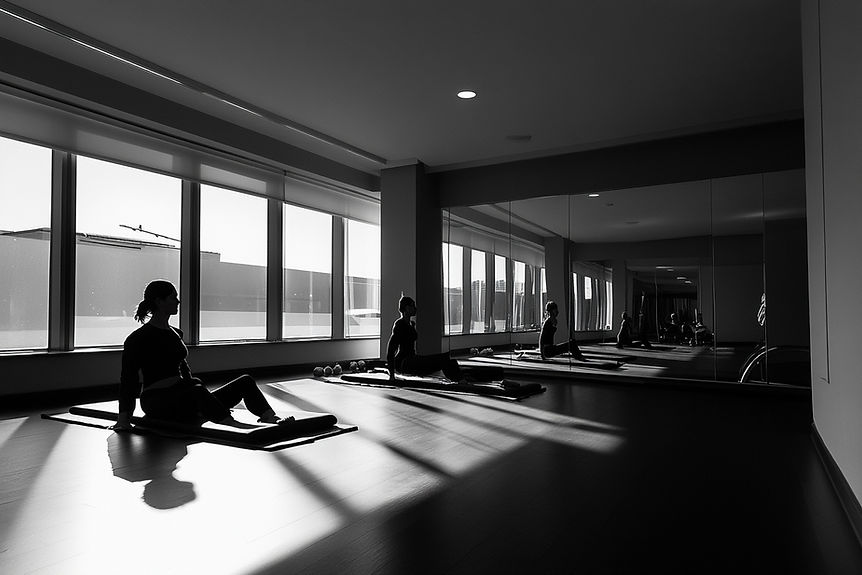 Silhouetted woman sits on a yoga mat in a sunlit, mirrored studio. Calm mood, shadows cast on the floor, with light streaming through windows.