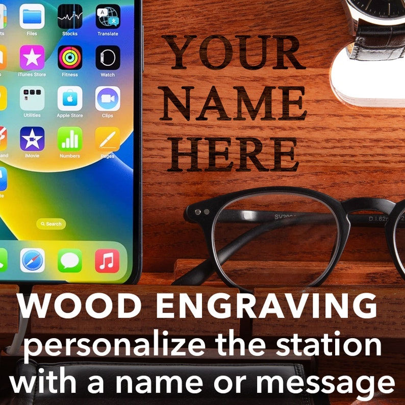 Wood Personalized Docking Station for Cell Phone, Tablet, Wallet, Gadgets, Watch