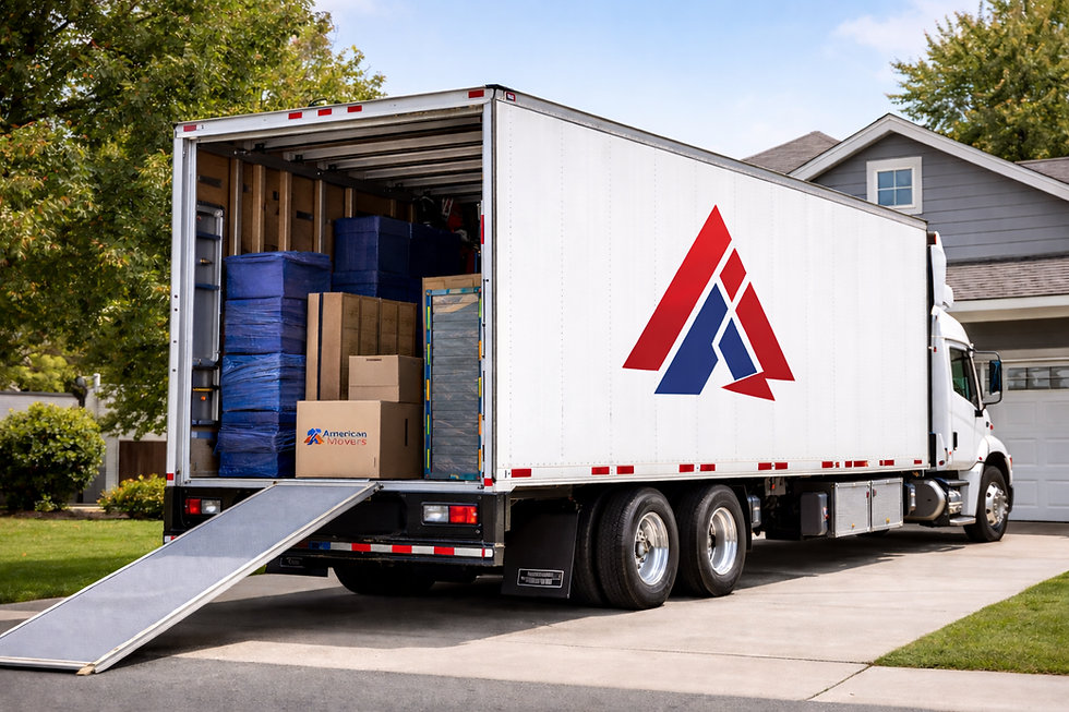 Parked American National Movers truck at a delivery locaation.