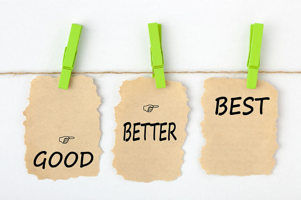 Three torn paper notes with "GOOD," "BETTER," "BEST" hang by green clothespins on a line. Simple, motivational arrangement.