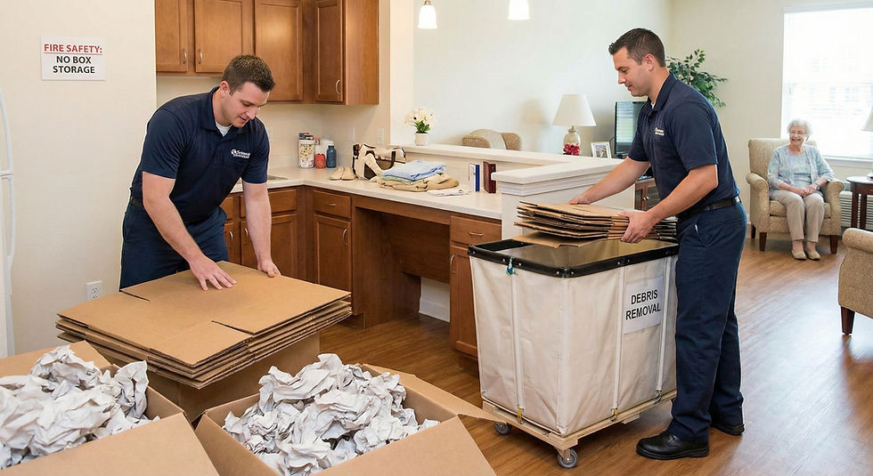 Two professional movers providing unpacking and debris removal services inside an assisted living apartment. They are breaking down cardboard boxes and packing paper to prevent fire and tripping hazards for the senior resident.