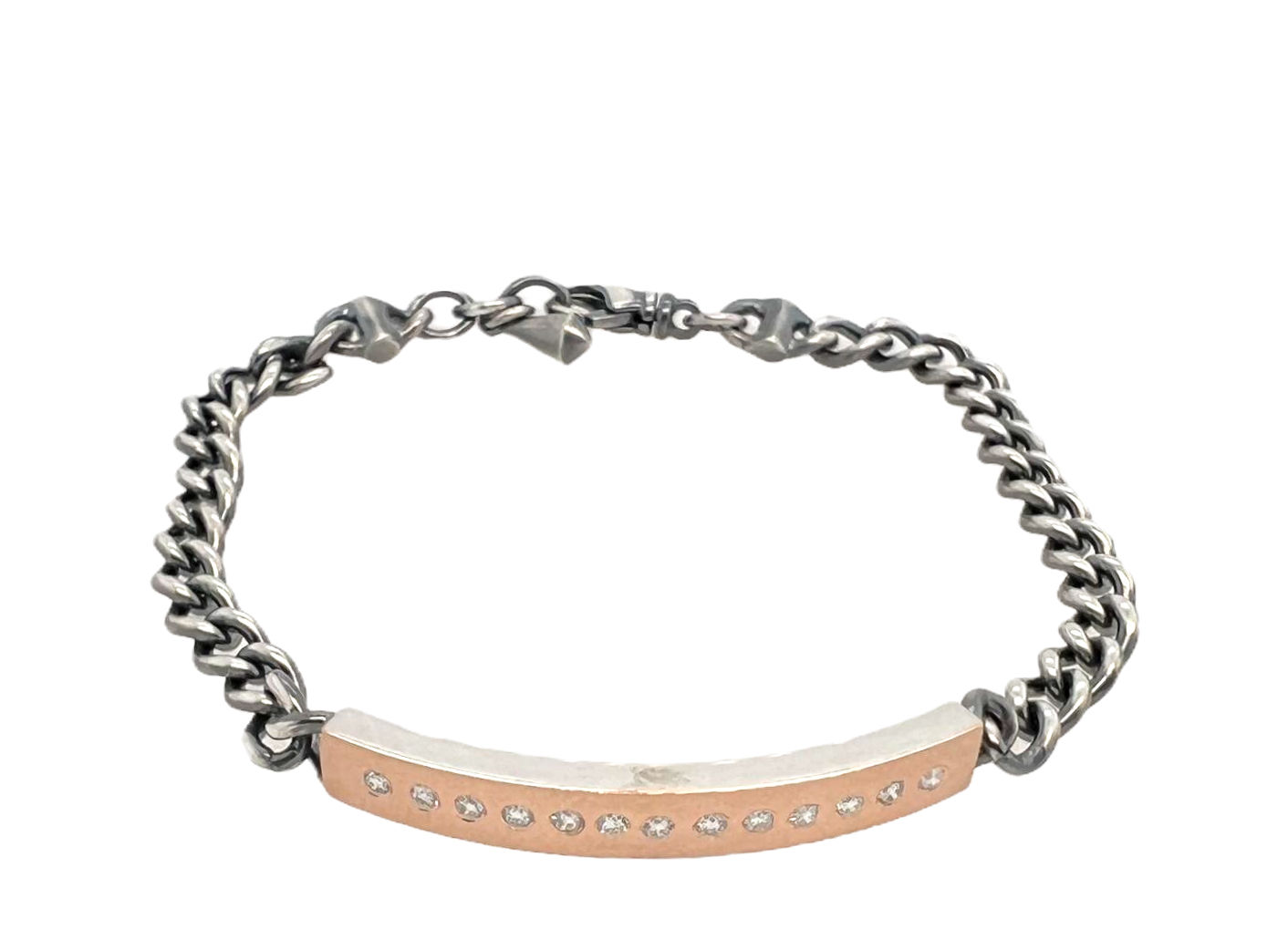 Rene Escobar - "Diana" 18kt Rose Gold, Sterling Silver, & Diamond ID Bracelet