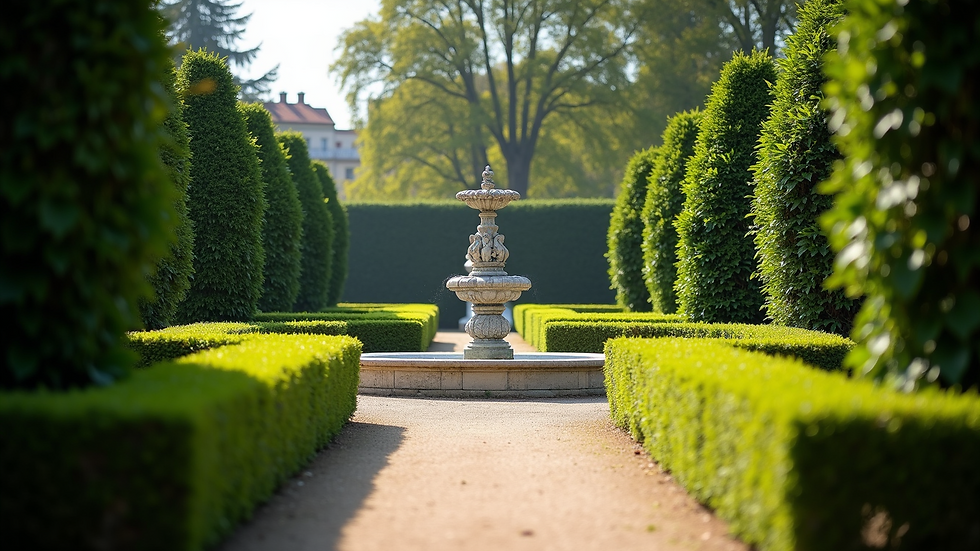 Eye-level view of a European-inspired garden with symmetrical hedges and a central fountain