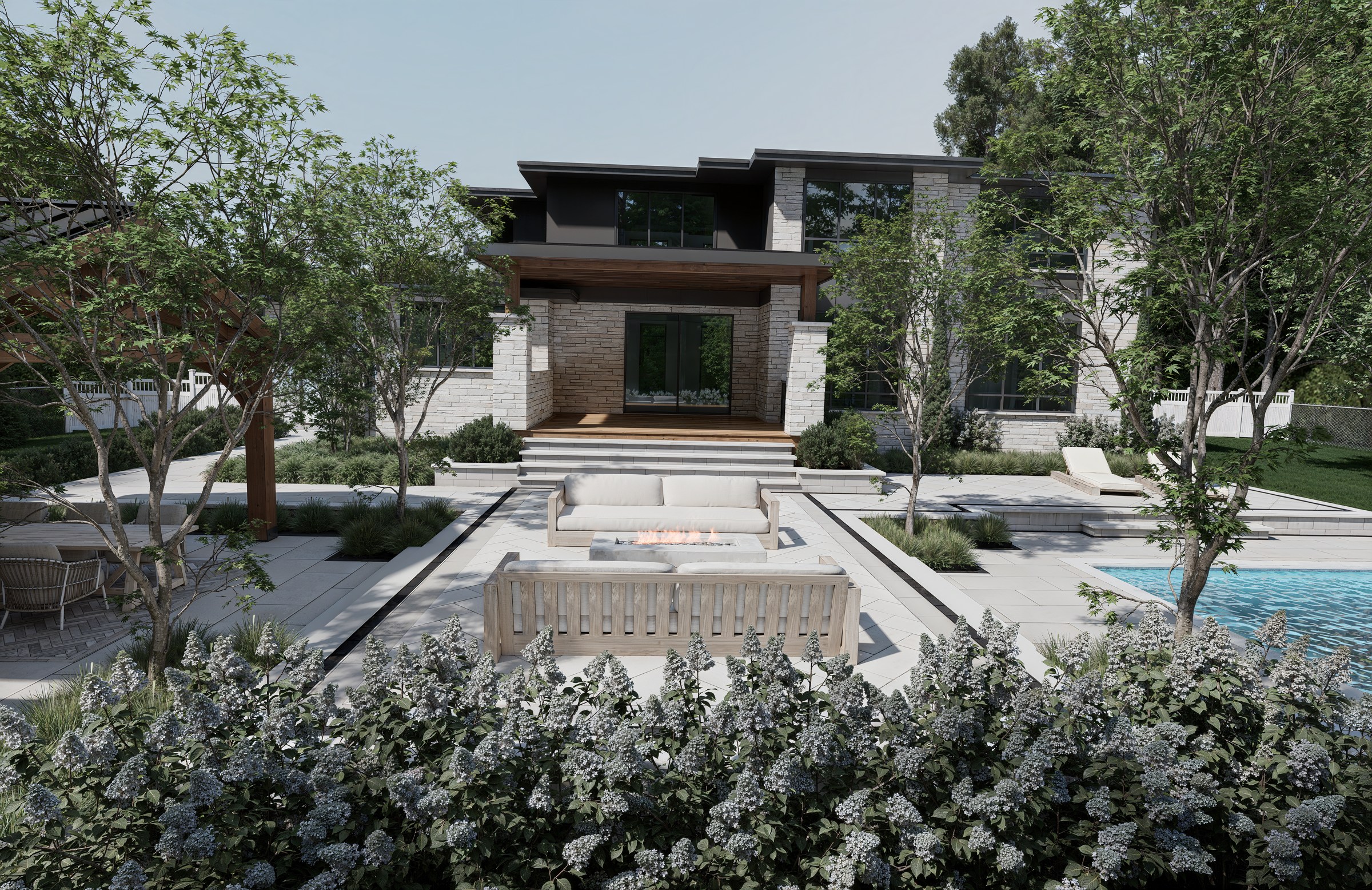 Redcastle pool and outdoor living terraces framed by planting