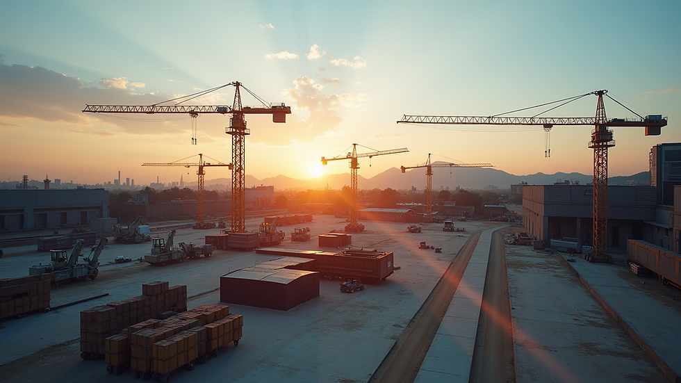 Vista aérea de un sitio de construcción con maquinaria y estructuras en desarrollo