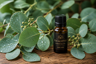 fresh eucalyptus leaves with a small essential-oil bottle