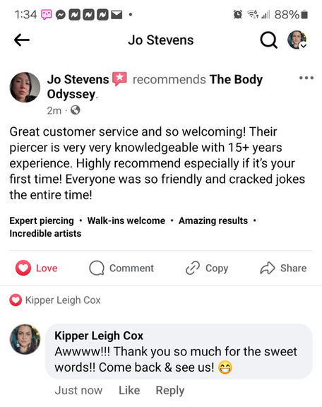 Positive Facebook review for The Body Odyssey's piercing service.