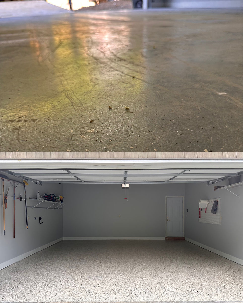Polished concrete floor transitioning to a speckled epoxy