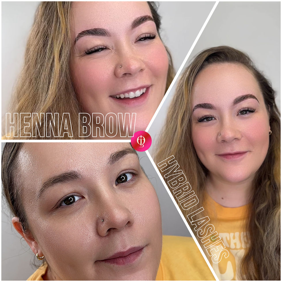 a woman with henna brow and hybrid lashes on her face