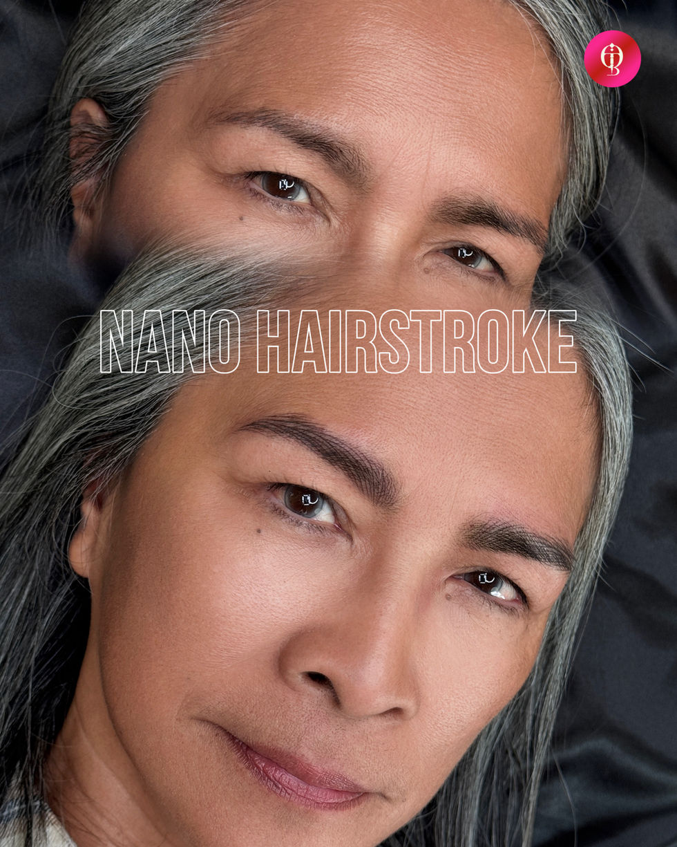 a before and after photo of a woman with nano hairstroke