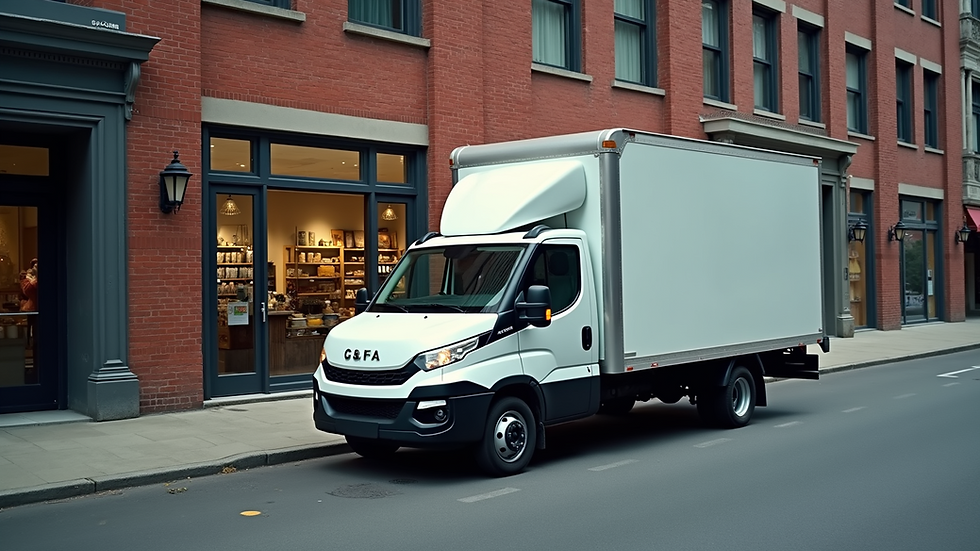 High angle view of a delivery truck parked outside a retail store