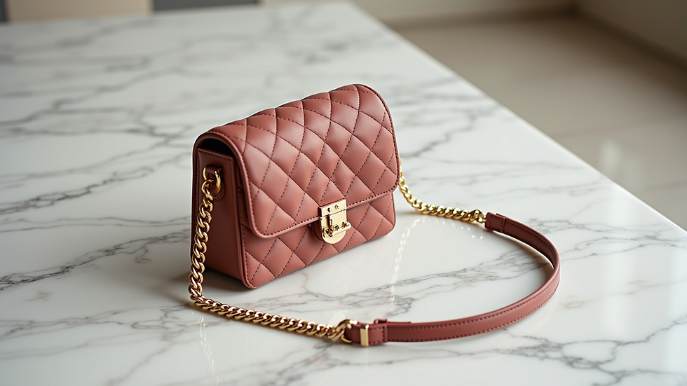 High angle view of a luxury designer crossbody bag on a marble surface