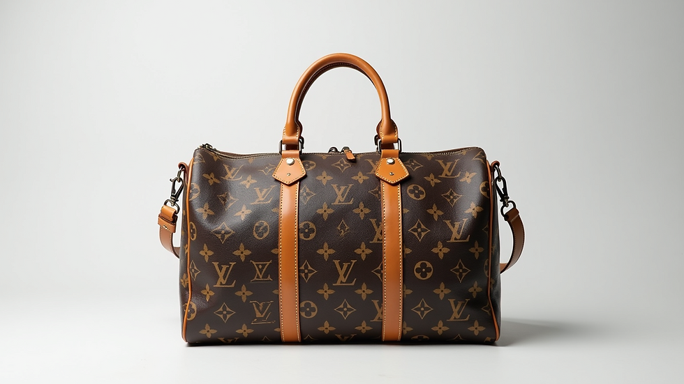 Close-up view of a Louis Vuitton Speedy bag on a white background