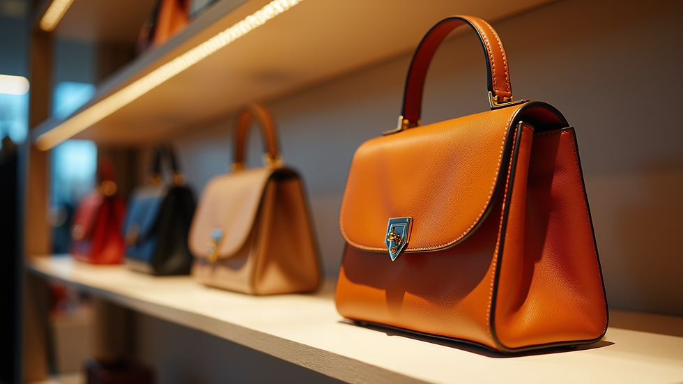 Eye-level view of a luxury purse displayed on a boutique shelf