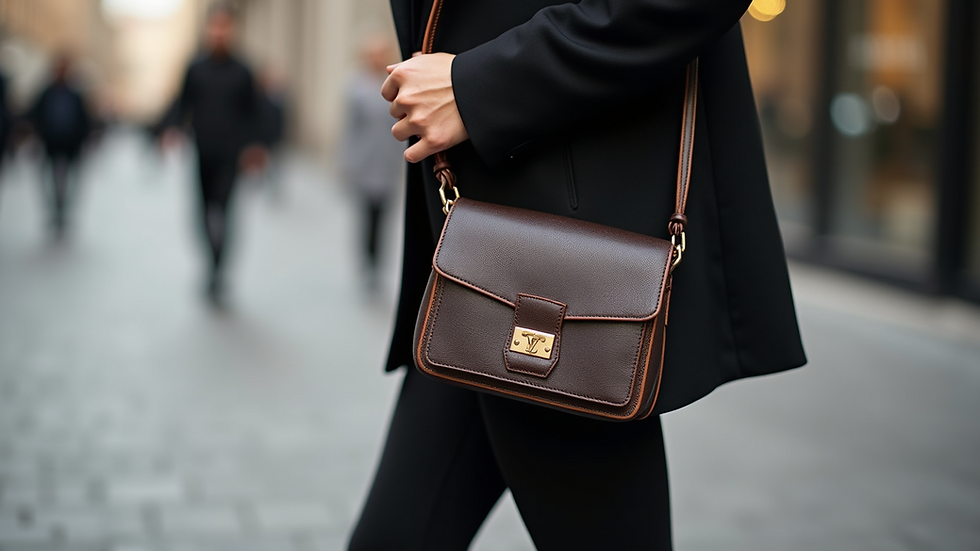 Eye-level view of a luxury designer crossbody bag styled with a chic outfit