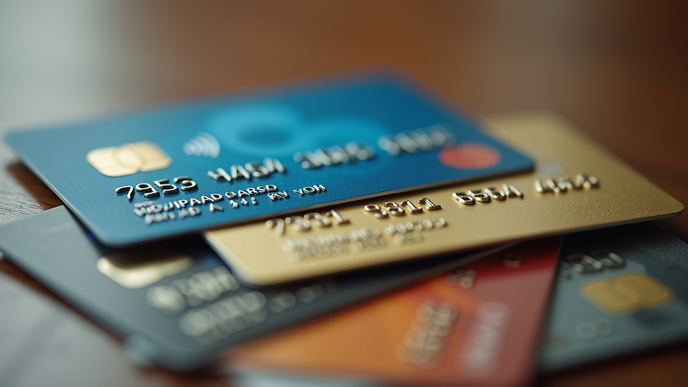 Close-up view of a variety of credit cards on a table