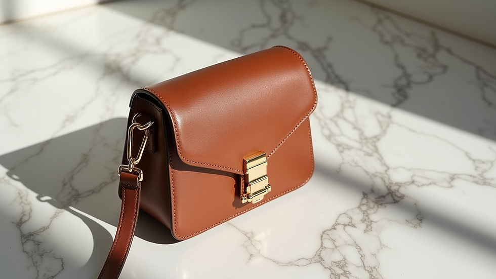 High angle view of a luxury crossbody bag on a marble surface