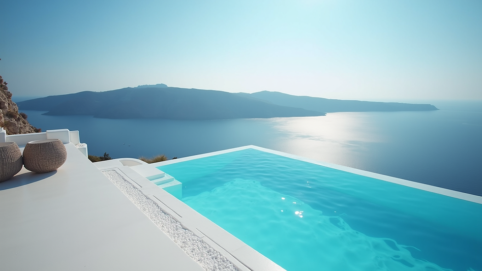 High angle view of a private pool overlooking the sea in Santorini
