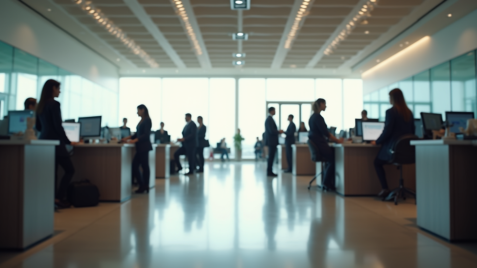 Wide angle view of a travel agency office with agents assisting customers