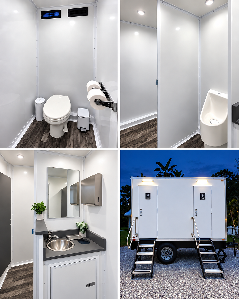 Restroom trailer interior with private stalls, sink and mirror, plus exterior view, serving Vero Beach