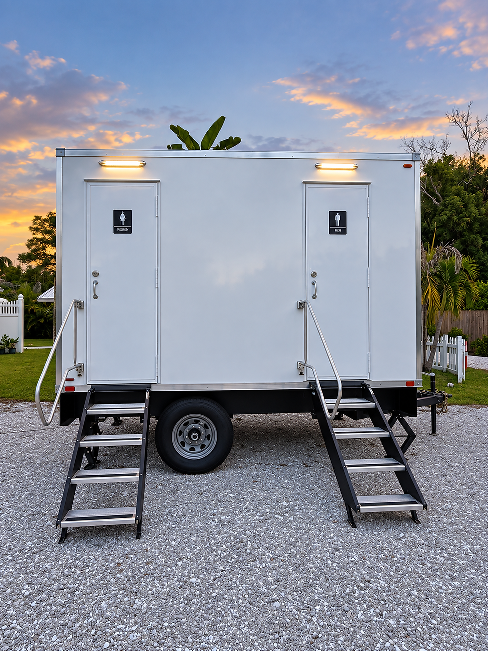 Exterior of the Treasure Coast Restrooms luxury restroom trailer parked at an event site