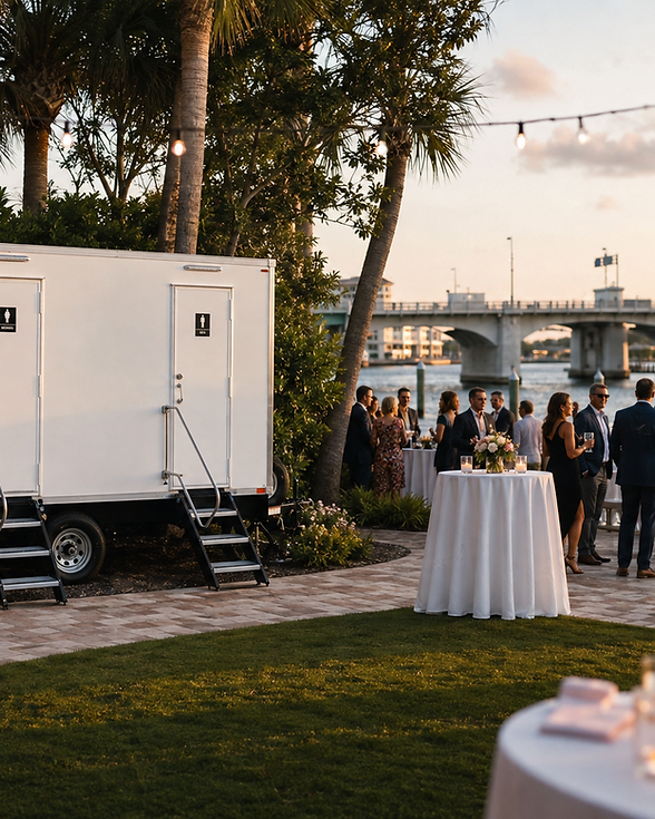 Restroom trailer at a waterfront evening event in Palm City, FL