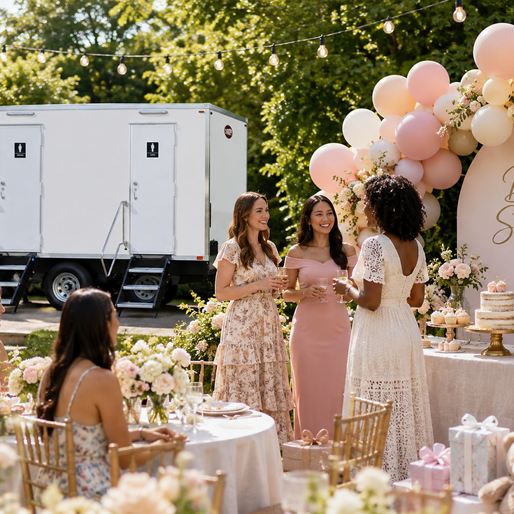 Private party restroom rentals: trailer at a backyard baby shower with a balloon arch