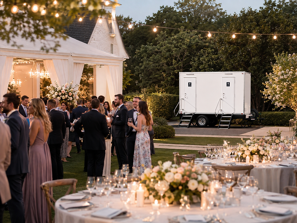 Luxury restroom trailer at an evening garden wedding reception with floral tables