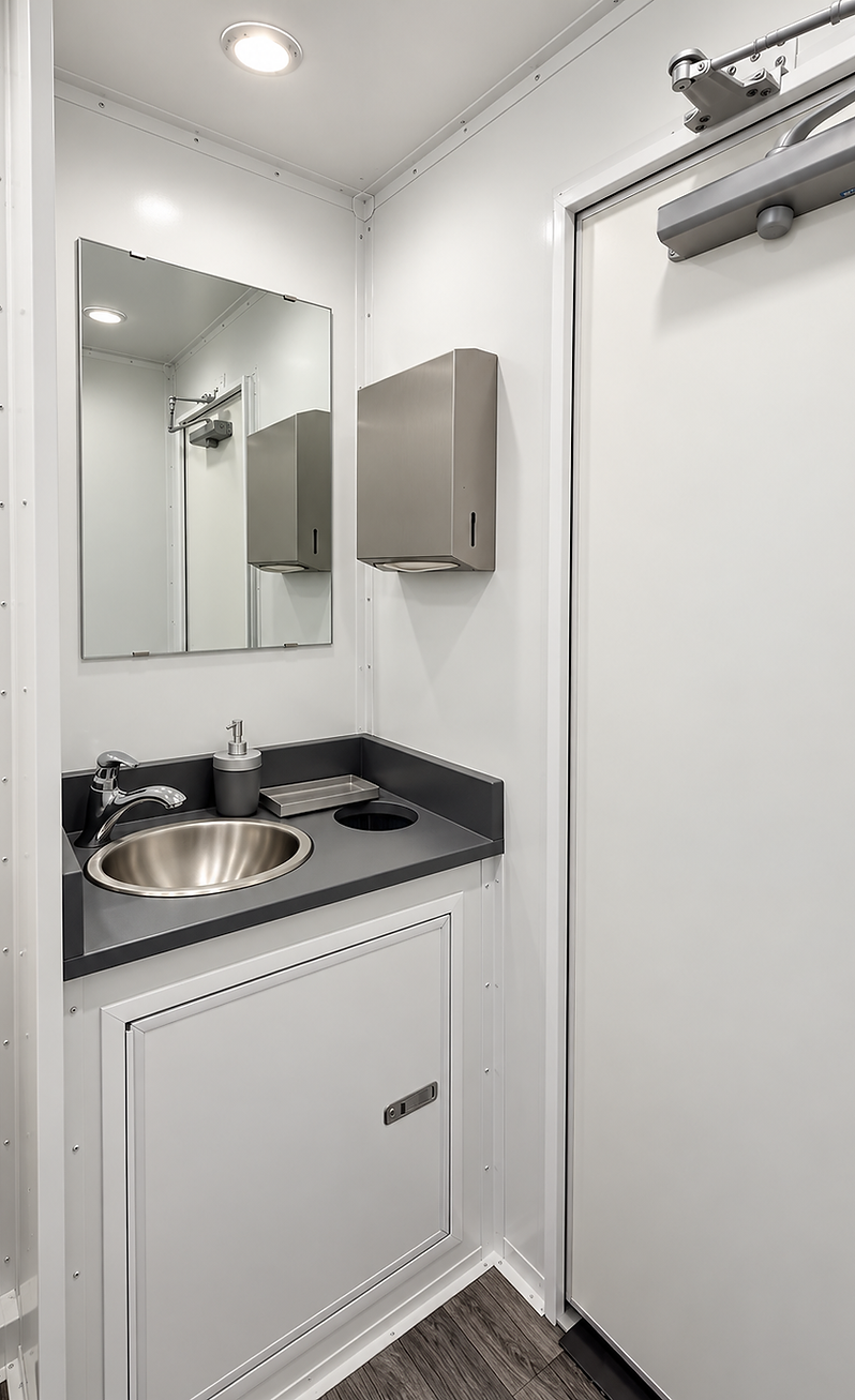 Men's side vanity with mirror, stainless steel sink and paper towel dispenser