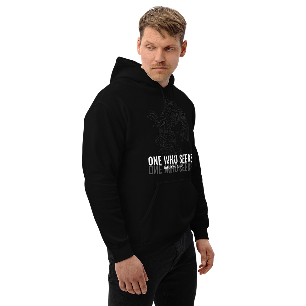 Thumbnail: One Who Seeks Unisex Hoodie - Original Woman Logo Man Side View