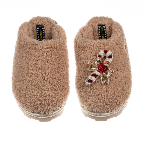 Teddy Closed Toe Slippers With Candy Cane Brooch Laines London