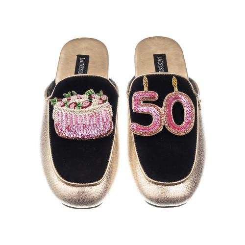 Classic Mules With 50TH Birthday & Cake Brooches | Laines London