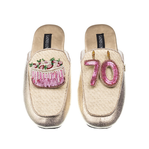 Classic Mules With 70TH Birthday & Cake Brooches | Laines London
