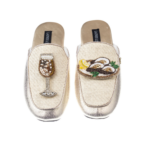 Classic Mules With Oysters & Glass Of Fizz Brooches | Laines London