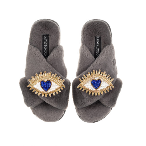 Classic Laines Slippers With Double Blue Love Eye Brooches