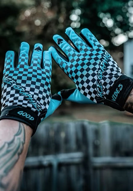 Thumbnail: Riding Gloves, Riding Gloves, Checkered Teal & White