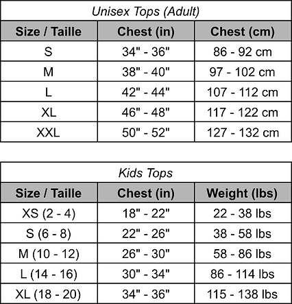 Apparel sizing chart