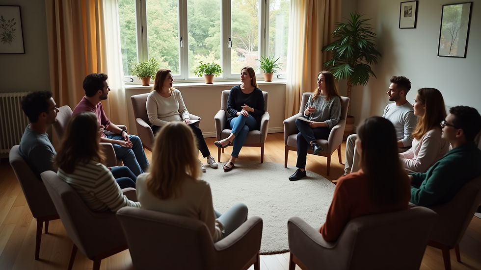 High angle view of a support group circle in a therapy session