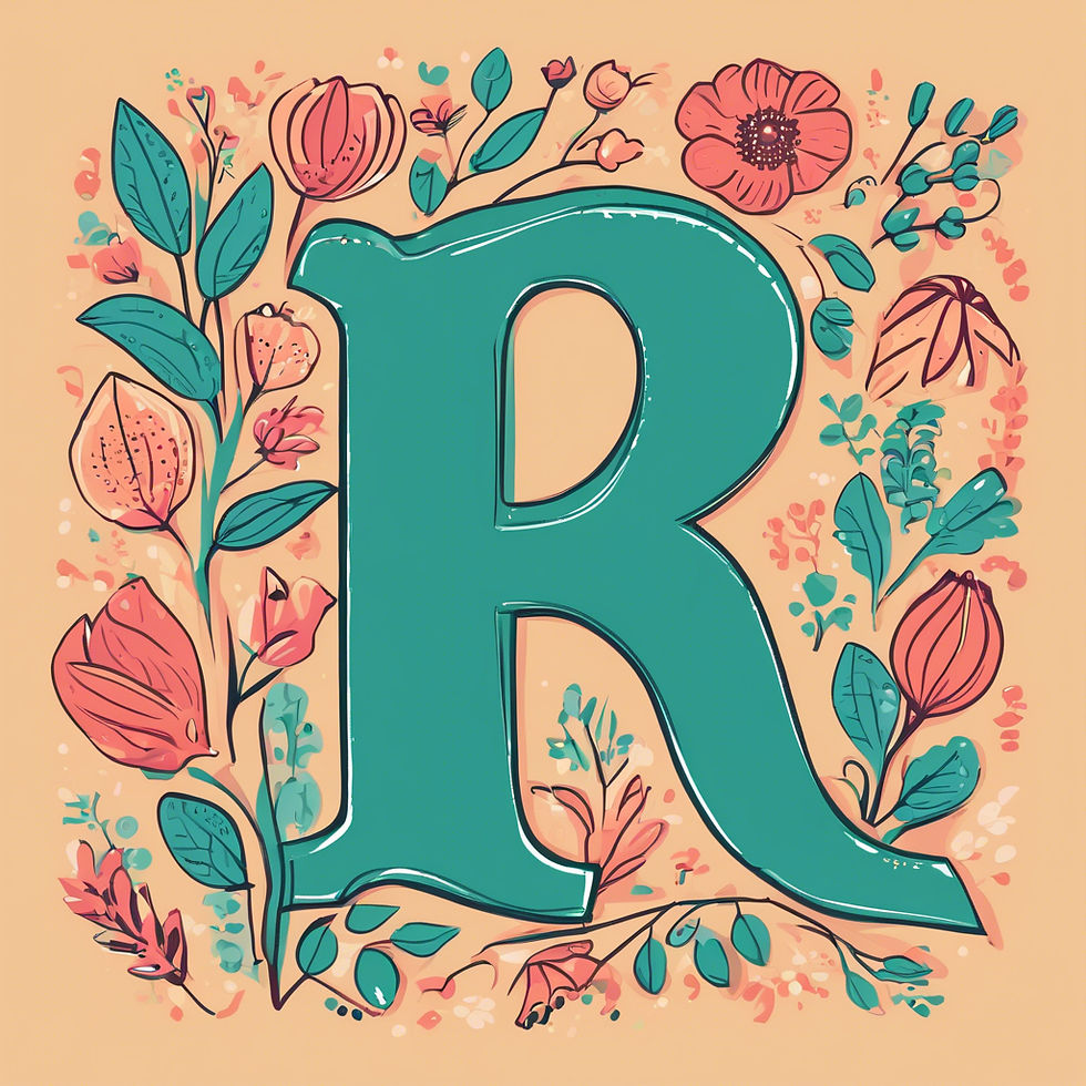 Letter R surrounded by flowers and plants