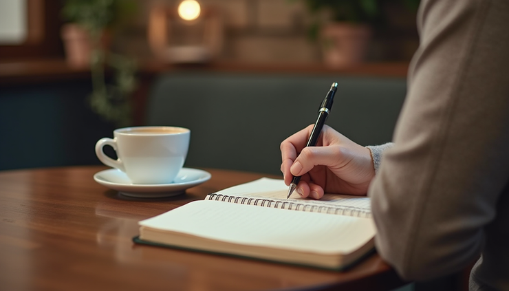 Eye-level view of a person writing in a journal with a cup of coffee nearby