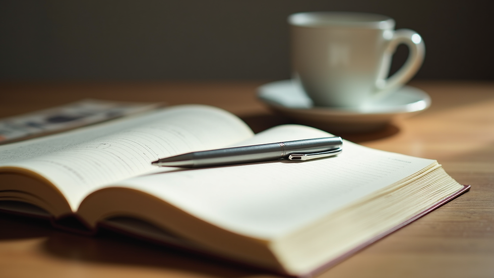 Close-up view of a journal and pen on a wooden table, symbolizing reflection and healing