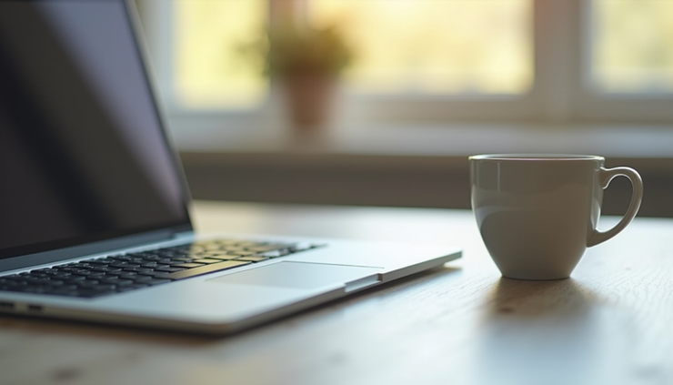 Eye-level view of a solitary desk with a closed laptop and a cup of coffee, symbolizing quiet reflection