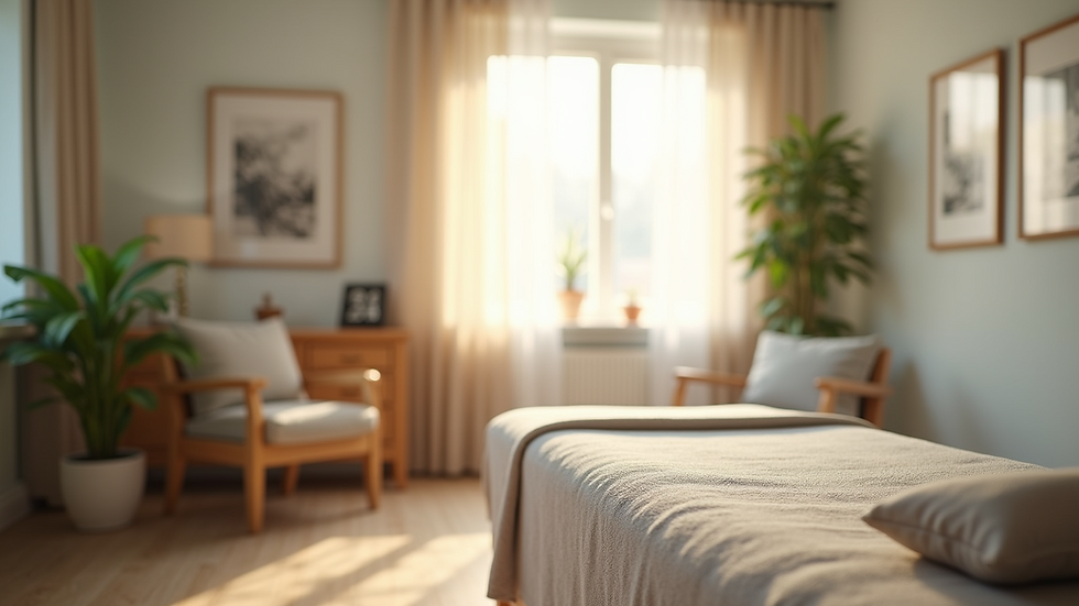Eye-level view of a calm therapy room with soft lighting