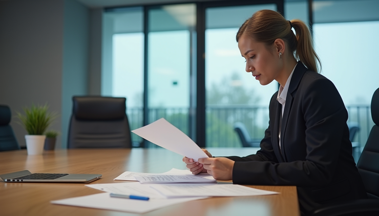 Eye-level view of a professional meeting room with a single person reviewing documents related to transportation safety
