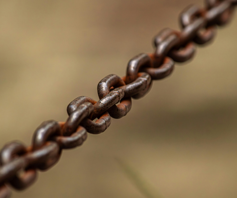 Rusty metal chain links with a blurred brown background, highlighting texture and age.
